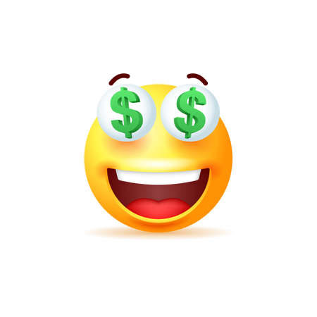Smiling yellow emoji with dollars in the eyes isolated on white background.のイラスト素材