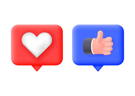 3d bubble thumb up and heart icons isolated on white background. Concept of social networks.のイラスト素材