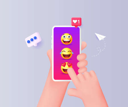 The concept of social networks and online communication. Hand holding smartphone with emoji.