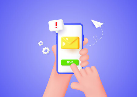 Email service concept. The hand holds a smartphone, sending sms by pressing a finger.のイラスト素材
