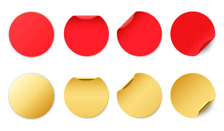 Set of red and gold round glued stickers. Blank round paper label template with curled corners.のイラスト素材