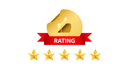 Golden quality badge with five star rating isolated on white background.のイラスト素材
