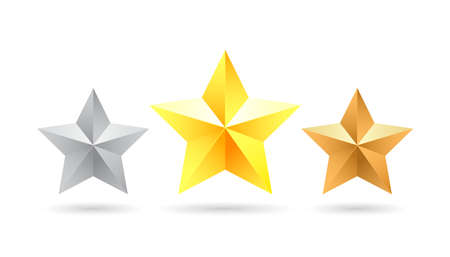 Set of gold, silver and bronze stars. Realistic isolated 3d stars on a white background.のイラスト素材