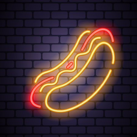 Hot dog neon icon on dark brick background. Editable stroke and blend.のイラスト素材