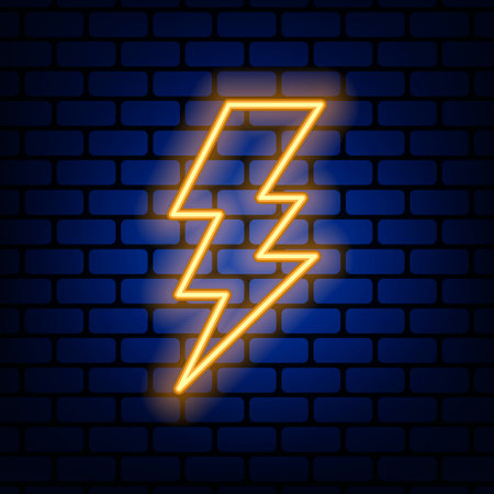 Lightning neon icon on dark brick background. Editable stroke and blend.のイラスト素材