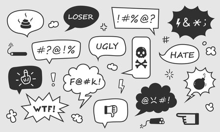 Set of speech bubbles of curses, insults with text and emoji on a gray background.のイラスト素材