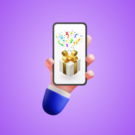 A hand holds a smartphone with a win on the screen. Concept for birthday, gift, holiday discounts and sales.のイラスト素材