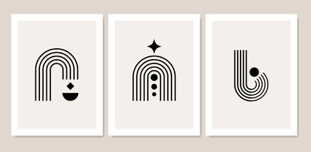 A collection of abstract posters with simple geometric lines and shapes. Home decoration.のイラスト素材