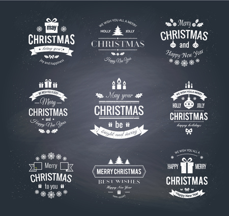 Set typographic christmas vintage labels on chlackboard made in vector. Merry Christmas and Happy Holidays wishes.のイラスト素材