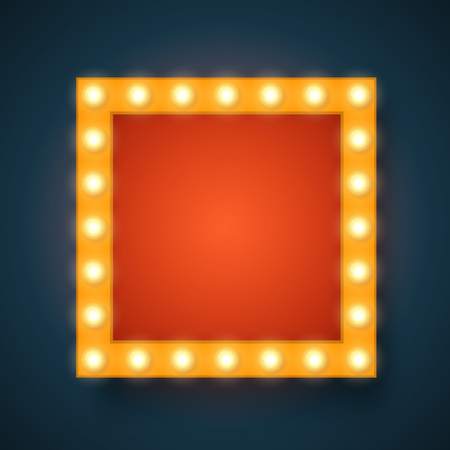 realistic 3D light background.   Retro design element square frame glowing with lamps for your Template, Advertising, Promotions.のイラスト素材