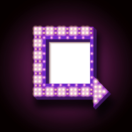 Retro realistic light background. Vector 3D design element square frame with arrow glowing with lamps. Blank light backdrop for your text, Advertising, Promotions.のイラスト素材