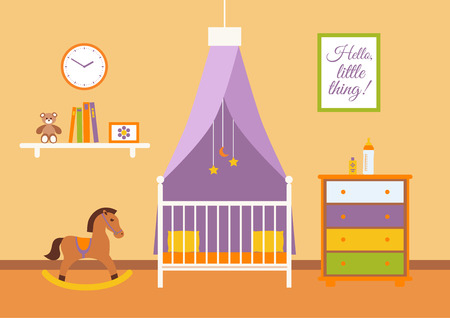Nursery vector interior. Baby room with cradle, chair, toys, kid dresser. Flat style illustrationのイラスト素材