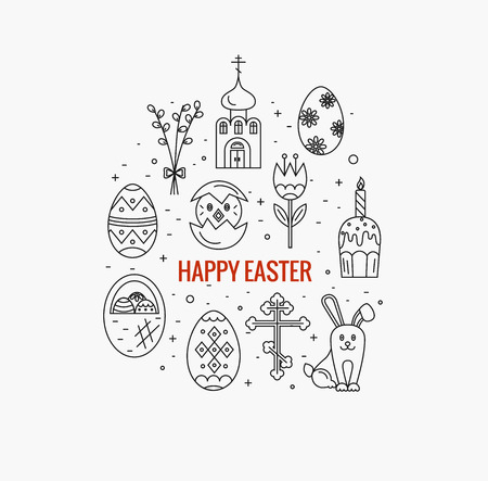 Vector concept with different Easter celebration elements. Clean and easy to edit. Vector  illustration in mono line style for  banners, flyers and other types of business design.のイラスト素材