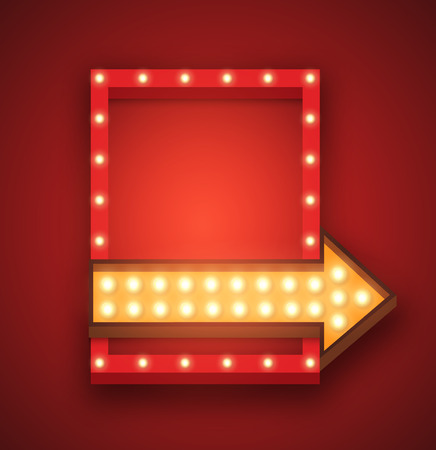 Retro neon sign with an arrow. 3D night sign with glowing lights. Vector illustration of frame, arrow icons. Realistic frame for your designs, banners, flayers or advertisingのイラスト素材