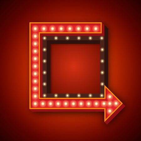 Neon retro frame with lights. Retro Night sign with arrow  and glowing lights. Vector illustration of frame, arrow icons. Realistic 3D background for your designs, banners, flayers or advertisingのイラスト素材