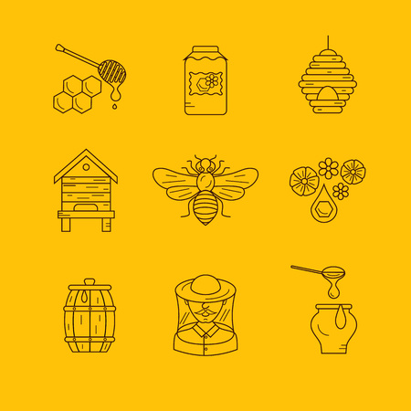 Vector illustration beekeeping in outline style. Beehive icon, bee, apiary and honey symbols for honey healthy food designs. Apiary icons: bee, honey, apiarist, beehive, honeycomb. Beehive apriaryのイラスト素材