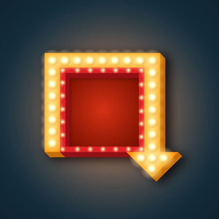 Neon arrow retro frame with lights. Retro Night neon sign with neon arrow  and glowing lights. Vector illustration of frame, neon arrow icons. Realistic 3D neon sign for your designs, bannersのイラスト素材