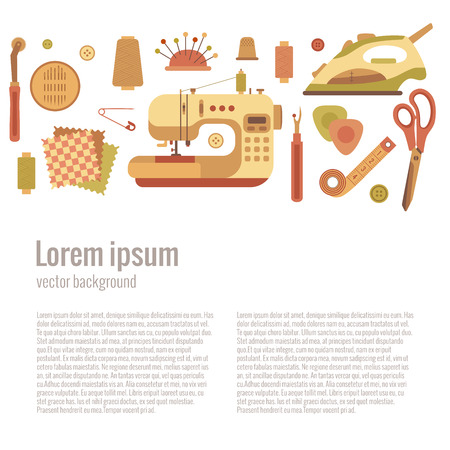 colorful sewing machine illustration. Flat sewing machine infographic design elements: scissor, pin, iron. Tailoring industry concept of dressmaking tools icons. Sewing workshop illustration.のイラスト素材