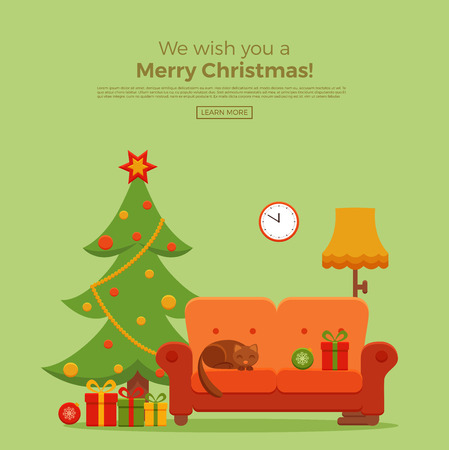 Christmas room interior in colorful cartoon flat style. Christmas tree, gifts, decoration, sofa, cat,  clock, floor lamp.   Cozy noel xmas night celebration interior vector illustration.のイラスト素材