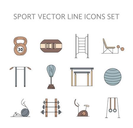 Workout and gym training icons set. Vector bodybuilding, gymnastics icons and symbols collection. Fitness elements. Weightloss, active lifestyle and gym training icons.のイラスト素材