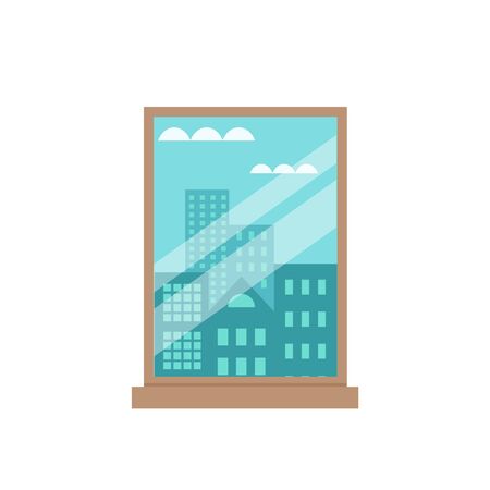 Room window flat illustration. Vector cityscape  window framed illustration. Concept of urban buildings view. Colorful cityscape window for your design. Flat cartoon urban buildings view isolated.のイラスト素材