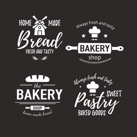 Set of bakery badges with bread, pastry icons and design elements. Vector labels and bakery logo for signage, branding, advertisement. Template of bakery logo and badges for fresh baked goodsのイラスト素材