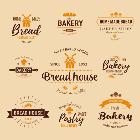 Set of bakery badges with bread, pastry icons and design elements. Vector labels and bakery logo for signage, branding, advertisement. Template of bakery logo and badges for fresh baked goodsのイラスト素材