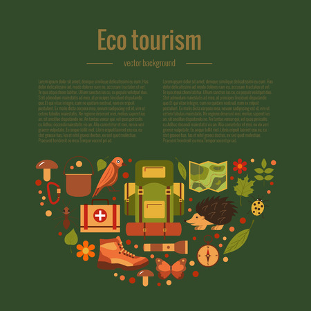 Vector cartoon eco tourism icons camping set tent, backpack, bird, squirrel, hedgehog. Flat illustration of summer eco tourism camping icons. Ecological travelling background for eco tourism designs.のイラスト素材