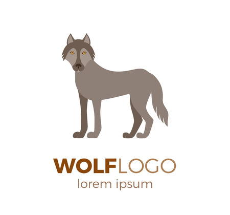 Flat vector wolf logo isolated on white background. Colorful illustration of forest wolf for your company logo or label. Flat style European forest animal collectionのイラスト素材