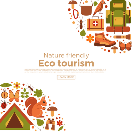 Vector cartoon eco tourism icons camping set tent, backpack, bird, squirrel, hedgehog. Flat illustration of summer camping icons. Ecological travelling background .のイラスト素材