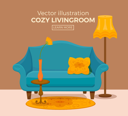 Living room cozy interior with colorful sofa, pillow, lamp, carpet, table with cup and vase flowers.のイラスト素材