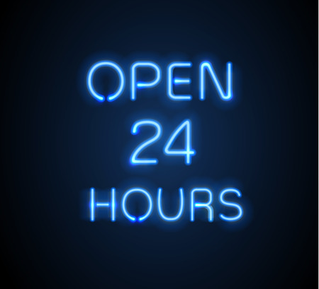 Neon sign Open 24 7 light vector background. Realistic glowing shining design element for 24 Hours Club, Bar, Cafeのイラスト素材