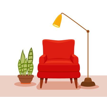 Interior with an armchair potted plant, floor lamp.のイラスト素材