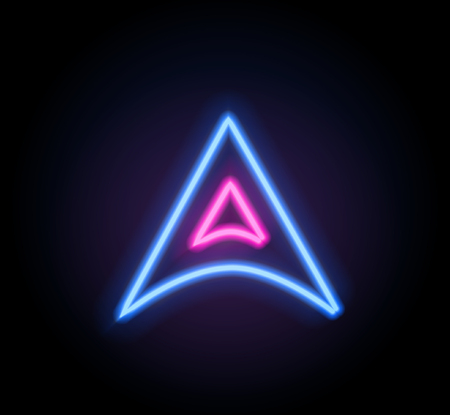 Neon glowing arrow pointer  on dark background. Colorful and shining retro light sign. Vector design element.のイラスト素材