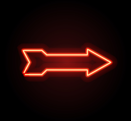 Neon glowing arrow pointer  on dark background. Colorful and shining retro light sign. Vector design element.のイラスト素材