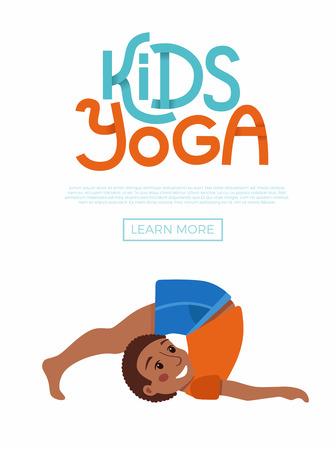 Cute cartoon gymnastics for children and healthy lifestyle sport illustration. Vector concept happy African kids exercise poses and yoga asana flayer template for fitness designのイラスト素材