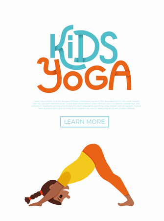 Cute cartoon gymnastics for children and healthy lifestyle sport illustration. Vector concept happy African kids exercise poses and yoga asana flayer template for fitness designのイラスト素材