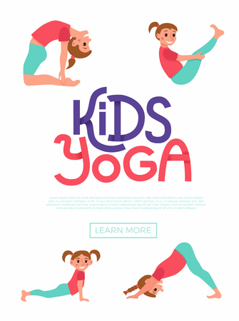 Cute cartoon gymnastics for children and healthy lifestyle sport illustration. Vector concept happy kids exercise poses and yoga asana flayer template for fitness designのイラスト素材