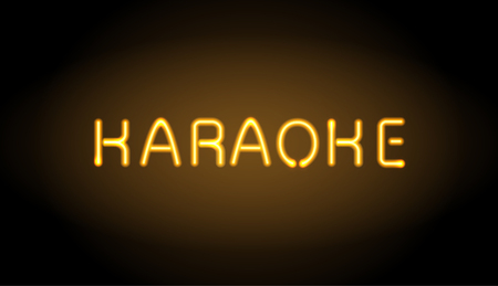 night karaoke club glowing neon letters sign design. Light shining, glowing text colorful vector background for your bar, web, cafe, disco party, web advertisement, and businessのイラスト素材