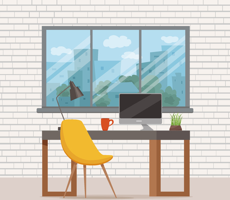 Office workplace interior cartoon design. Chair, table with computer, plant, lamp business vector concept. Colorful flat style illustration of designer, freelancer workstation.のイラスト素材