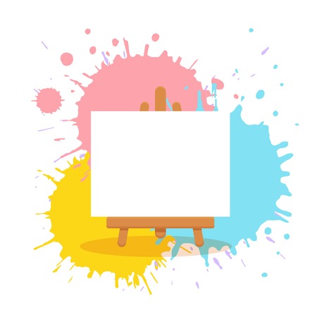 Art studio interior colorful vector illustration. Painter artist workshop room with tools: canvas, easel on watercolor splash background. Drawing creative materials illustration for workshops designsのイラスト素材