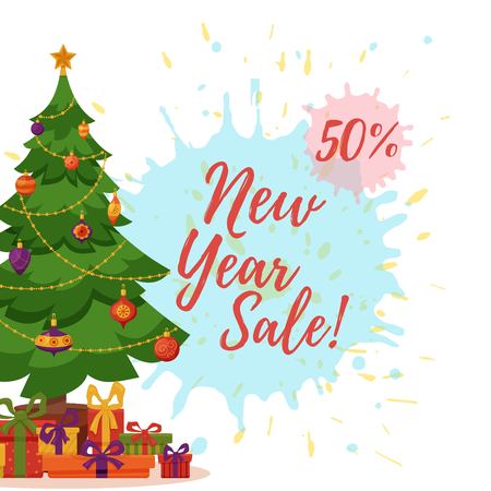 Christmas tree decorated vector illustration. Star, decoration balls and gift boxes sale concept in colorful cartoon flat style. Merry Christmas and a happy New Year design for greeting cards.のイラスト素材