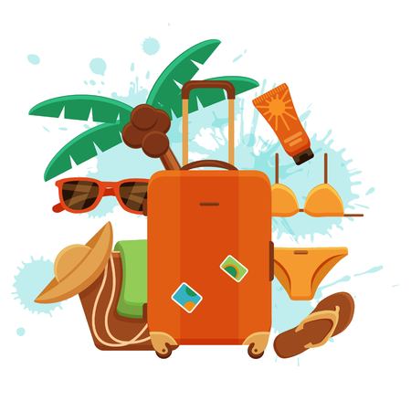 Summer time colorful vector concept. Beach sea background with vacation design elements. Cartoon style illustration for traveling, promotion, banners, web, advertisementのイラスト素材