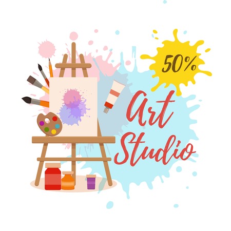 Painting tools elements cartoon colorful vector concept. Art supplies: easel, canvas, paint tubes, brushes, watercolor splash background. Drawing creative materials illustration for workshops designsのイラスト素材