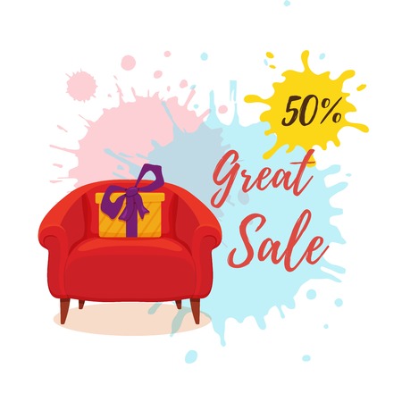 Armchair colorful cartoon illustration vector sale concept. Comfortable chair for interior, discount, promotion, advertisement design watercolor splash background. Modern model of settee.のイラスト素材
