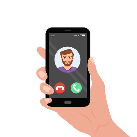 Hand holding smartphone with incoming call on the screen.のイラスト素材