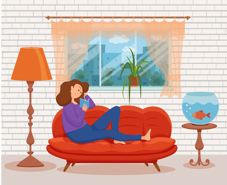 Young woman reading book sitting on the sofa. Colorful cartoon vector illustration of girl studying. Modern living room flat style interior with floor lamp, window, cat, aquarium fish, house plant.のイラスト素材