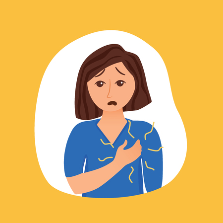 Girl suffers from panic attack cartoon style concept. Depression symptoms, risk factors woman vector illustration for medicine infographic, websites, brochures, magazines.のイラスト素材