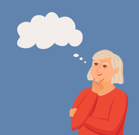 Old woman thinking with question marks. Vector illustration of lady puzzled with problem looking around. Cartoon design male person wondering for decision, smiling.のイラスト素材