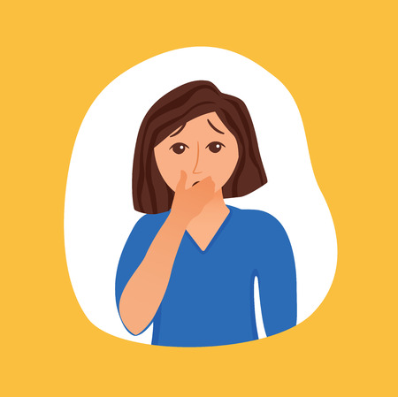 Girl suffers from panic attack cartoon style concept. Depression symptoms, risk factors woman vector illustration for medicine infographic, websites, brochures, magazines.のイラスト素材
